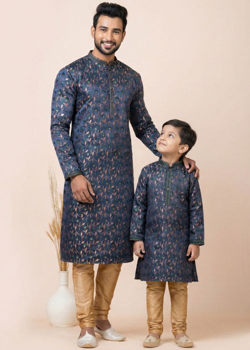 Blue Woven Jacquard Father Son Kurta Pajama Set