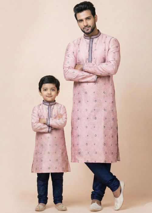 Pink Jacquard Woven Father Son Kurta Pajama Set