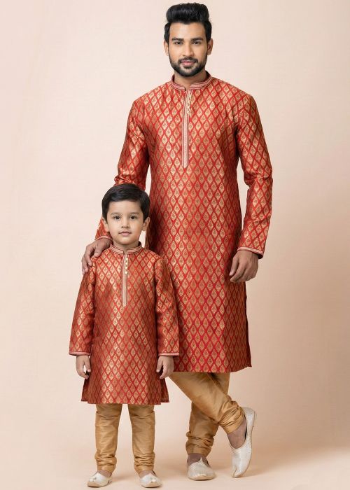 Red Jacquard Father Son Woven Combo Set