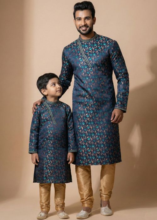 Navy Blue Father Son Combo Set With Woven Accents