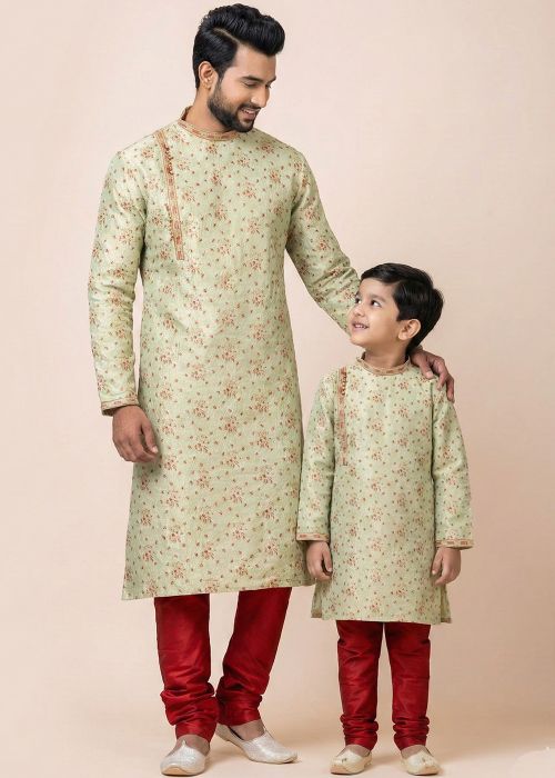 Sage Green Father Son Kurta Pajama With Woven Detailing
