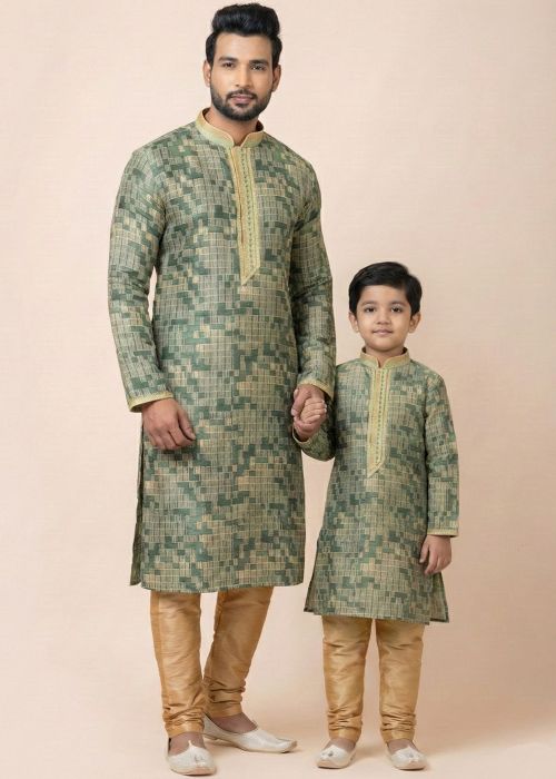 Green Father Son Kurta Pajama Set With Woven Work