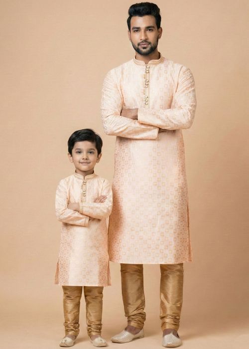 Peach Jacquard Woven Father Son Combo Set