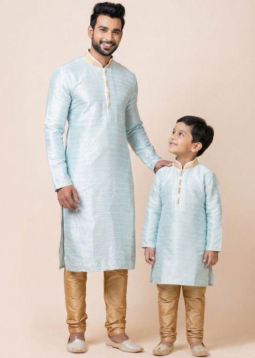 Mint Blue Jacquard Woven Father Son Kurta Pajama
