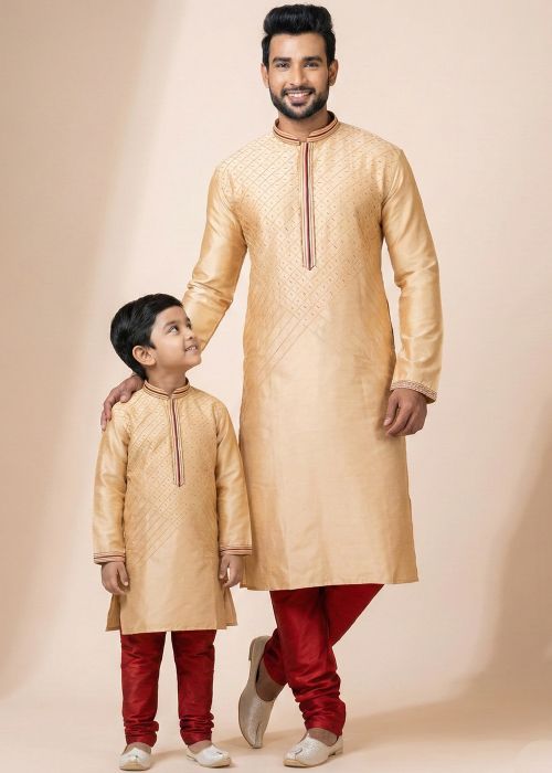Golden Viscose Embroidered Father Son Combo Set