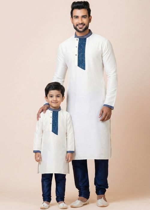 White Embroidered Viscose Father Son Combo Set