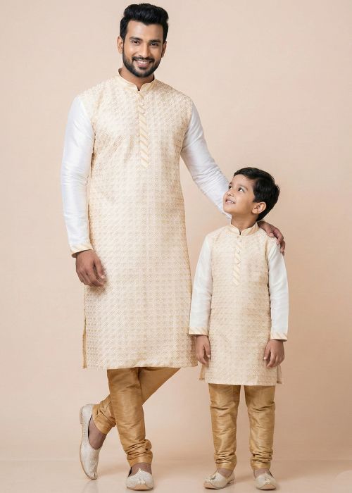 Cream Woven Dupion Silk Father Son Combo Set