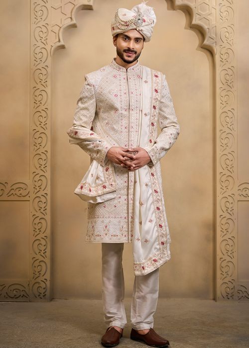 Cream Silk Groom Sherwani Set With Pink Embroidery