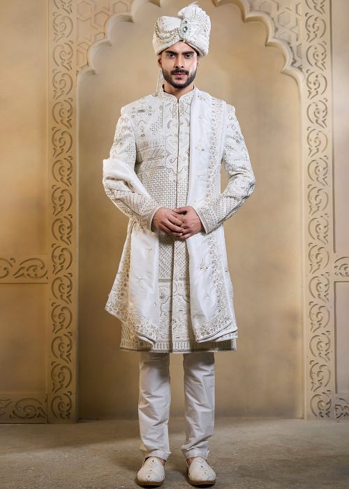 White Silk Groom Sherwani Set With Intricate Thread