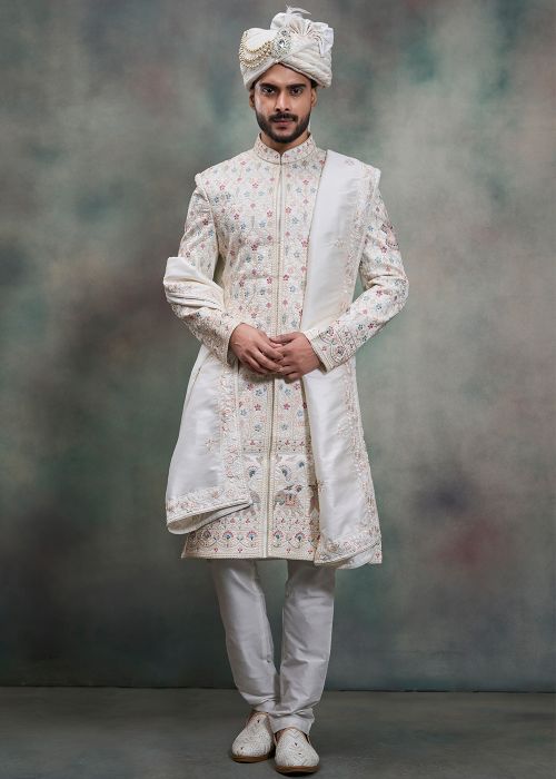 Cream Silk Groom Sherwani With Multicolor Floral Work