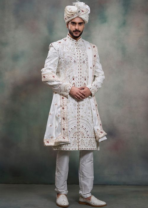 White Silk Groom Sherwani With Handwork Embroidery