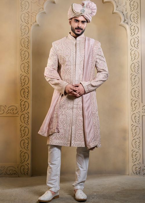 Light Pink Silk Groom Sherwani Set With Sequin Work