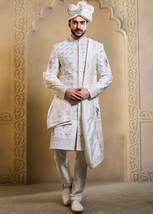 White Silk Groom Sherwani Set With Peacock Details