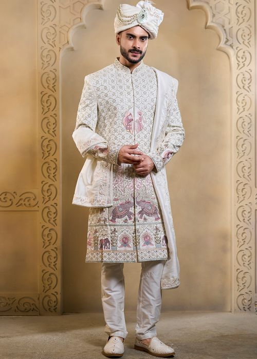 White Silk Groom Sherwani With Elephant Border