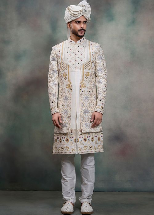 White Silk Groom Sherwani Set With Woven Higlights