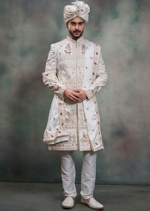 Off White Silk Groom Sherwani With Embroidered Motif