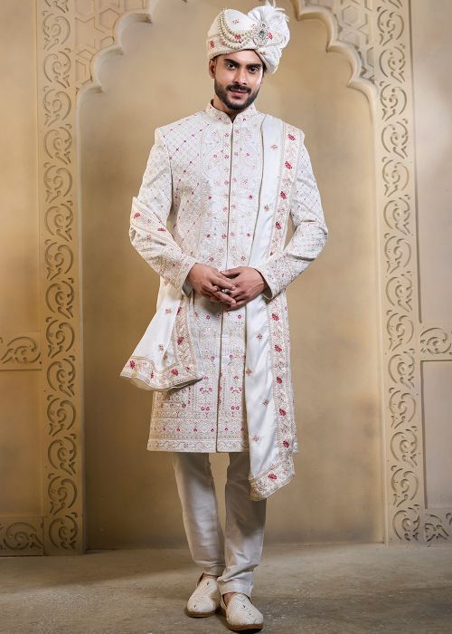 White Silk Groom Sherwani Set With Pink Embroidery