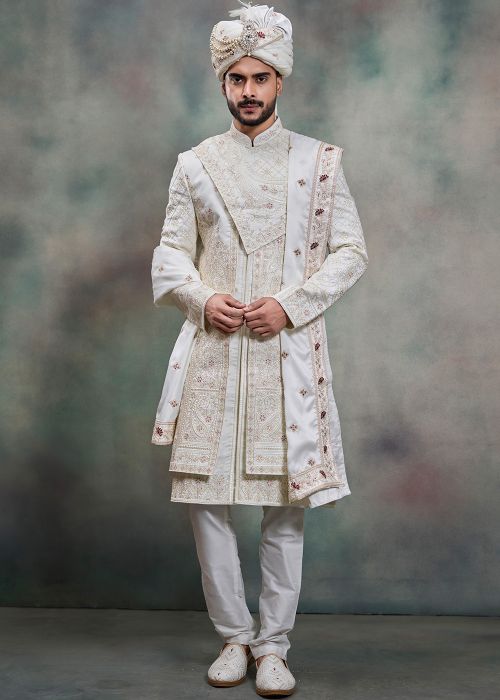 White Silk Groom Sherwani With Thread Embroidery