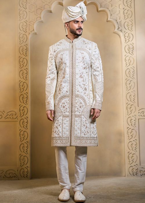 White Silk Groom Sherwani With Floral Handwork