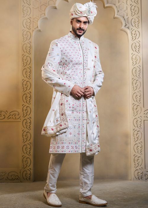 White Silk Groom Sherwani With Detailed Panel Work