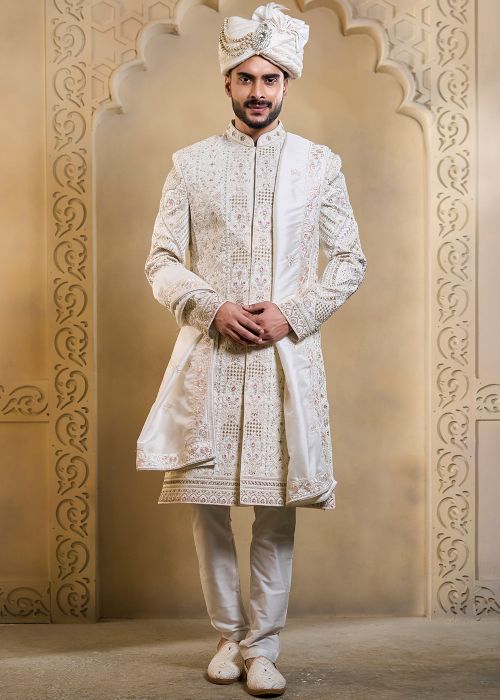 White Silk Groom Sherwani With Handwork Embroidery