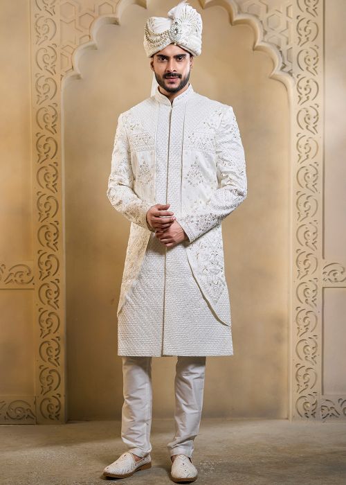 White Silk Groom Sherwani With Heavy Border Work