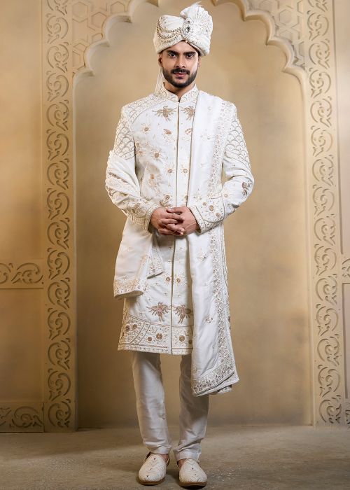 White Silk Groom Sherwani With Handwork Embroidery