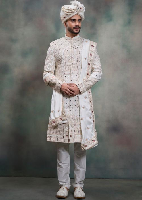 Off White Silk Groom Sherwani With Motif Embroidery