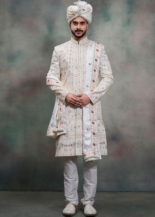 Off White Silk Groom Sherwani With Classic Embroidery