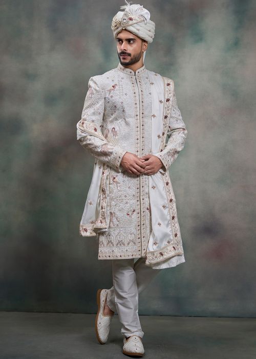 White Silk Groom Sherwani With Classic Embroidery