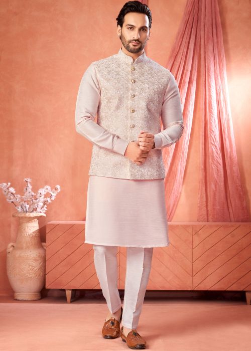 Peach Kurta Pajama With Embroidered Nehru Jacket