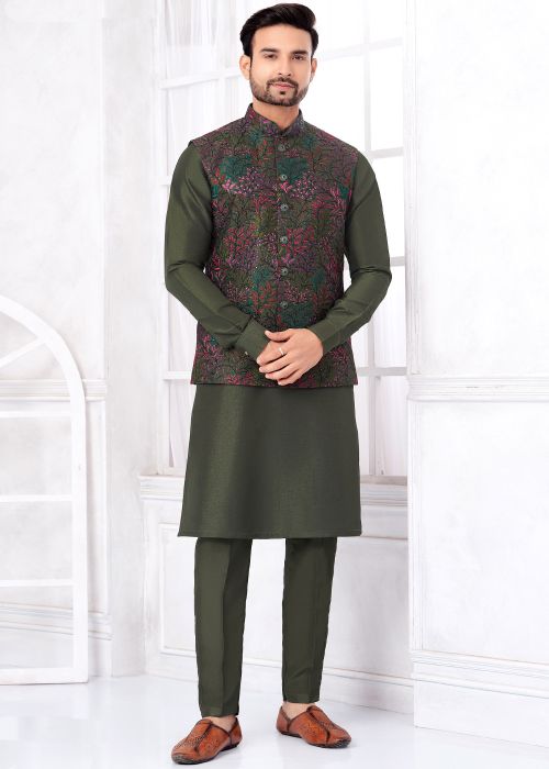 Dark Green Art Silk Kurta Pajama With Nehru Jacket