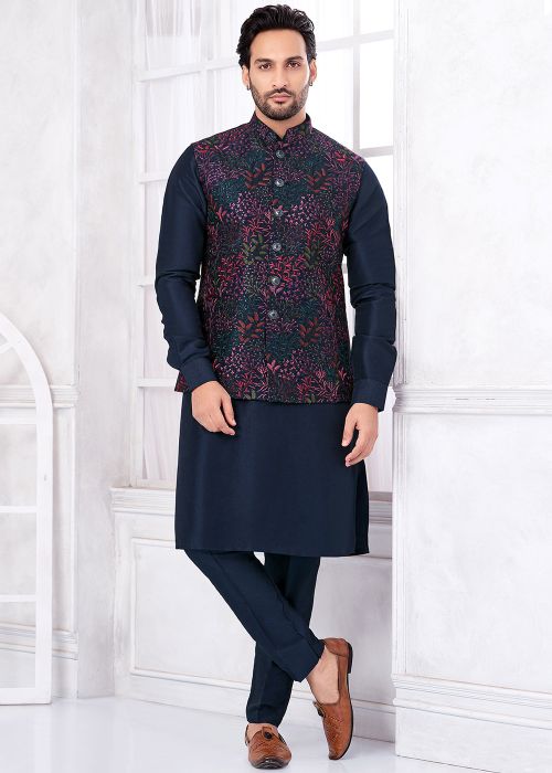 Navy Blue Kurta Pajama With Embellished Nehru Jacket
