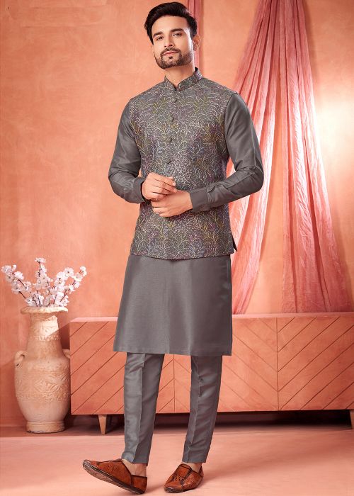Grey Art Silk Kurta Pajama With Nehru Jacket