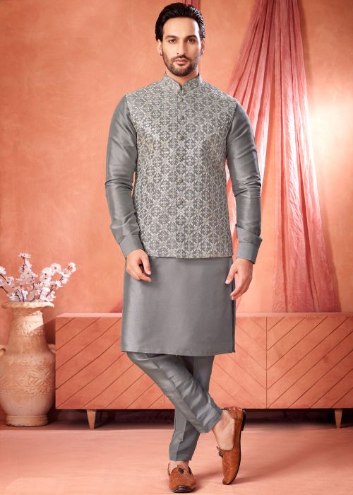 Grey Art Silk Kurta Pajama With Nehru Jacket