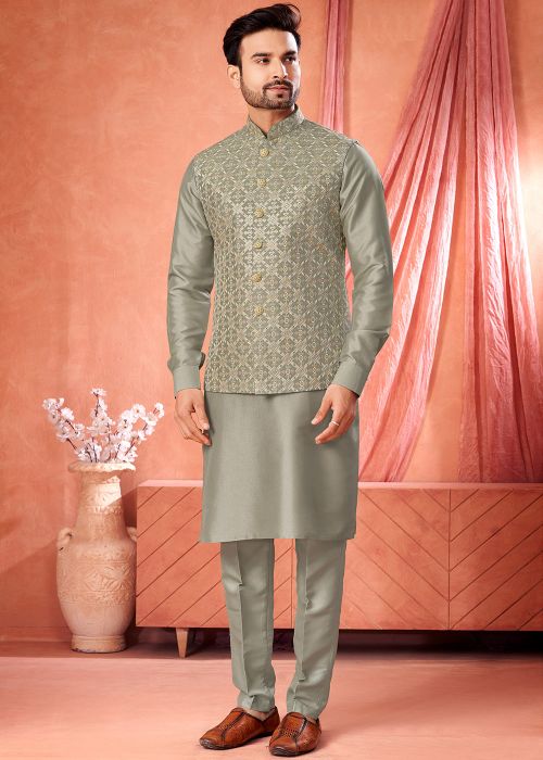 Sage Green Art Silk Kurta Pajama With Nehru Jacket