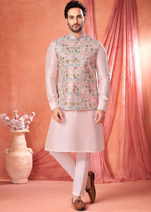 Pink Art Silk Kurta Pajama With Nehru Jacket