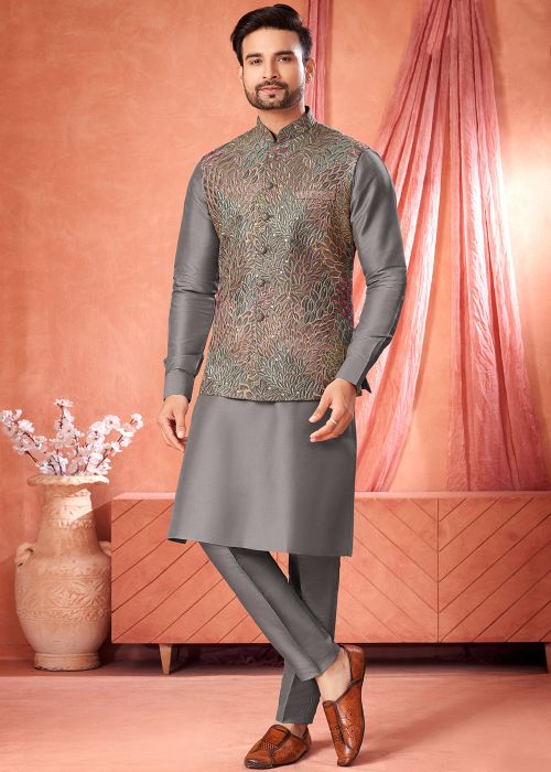 Grey Kurta Pajama With Leaf Pattern Nehru Jacket