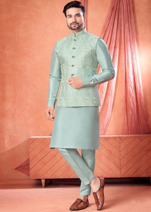 Mint Blue Kurta Pajama With Woven Jacket