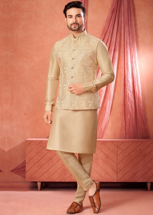 Beige Kurta Pajama With Subtle Woven Jacket