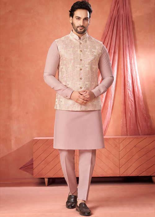 Blush Pink Kurta Pajama With Woven Jacket
