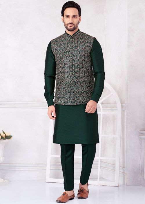 Dark Green Kurta Pajama With Patterned Jacket