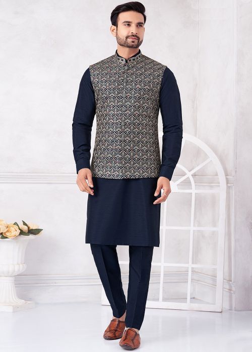 Navy Blue Kurta Pajama With Classic Motif Jacket