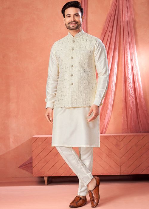 Cream Art Silk Kurta Pajama With Textured Jacket
