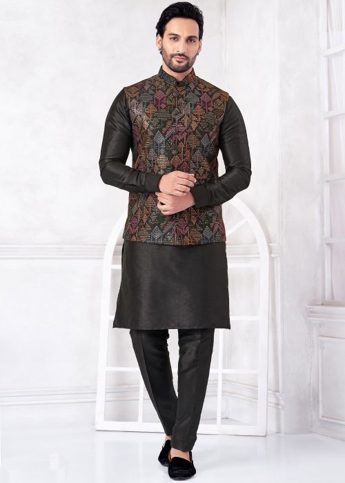 Black Art Silk Kurta Pajama With Embroidered Jacket