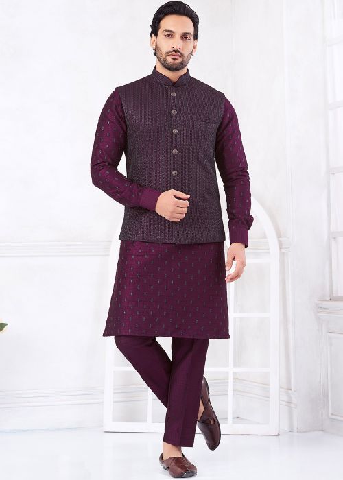 Purple Art Silk Kurta Pajama With Minimal Jacket