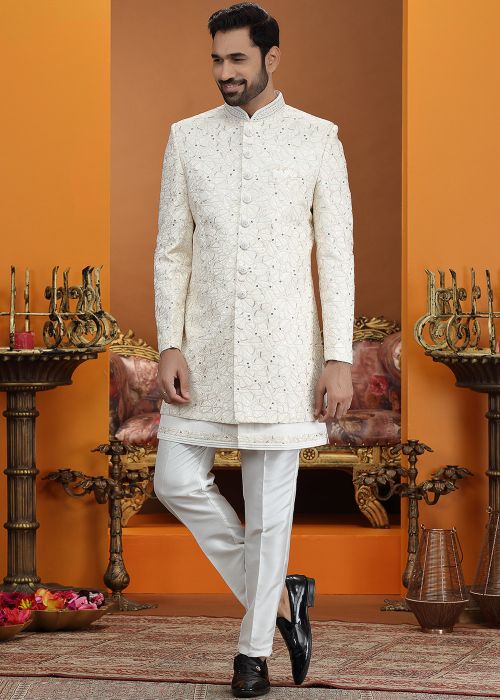 Cream Art Silk Indo Western Sherwani With Embroidery