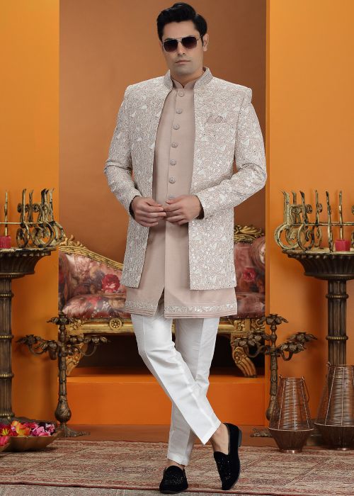 Beige Indo Western Sherwani With Thread Work