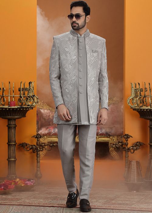 Grey Indo Western Sherwani With Thread Embroidery