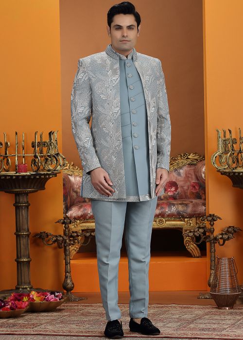 Steel Blue Indo Western Sherwani With Thread Work